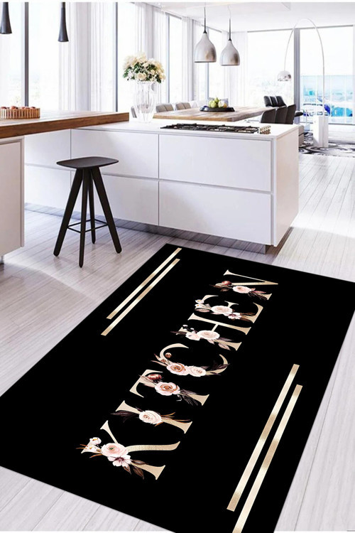 Baskılı Çiçek Motifli Kitchen Yazılı Yıkanabilir Kaymaz Taban Yolluk Salon Mutfak Halısı