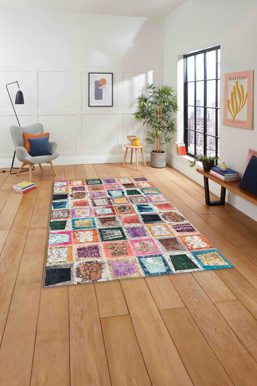 Baskılı Patchwork Yama Modeli Yıkanabilir Kaymaz Taban Yolluk Mutfak Salon Halısı