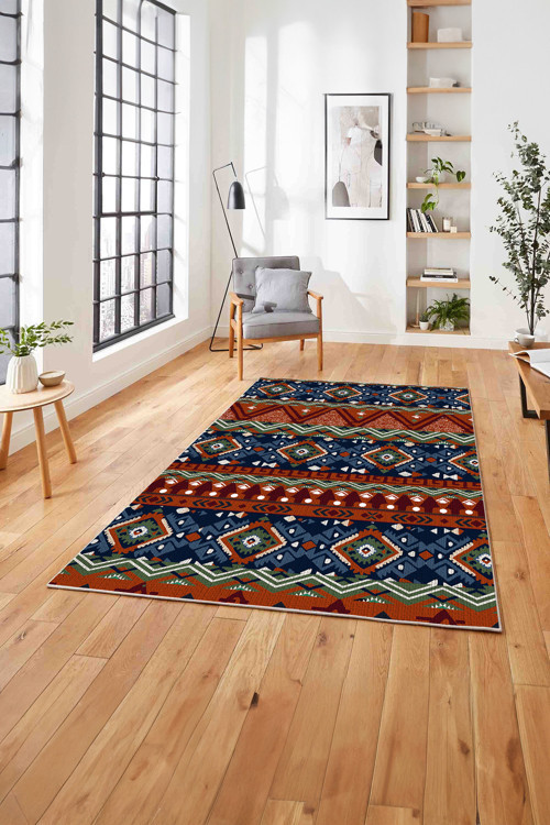 Baskılı Etnik Geometrik Modelli Yıkanabilir Kaymaz Taban Yolluk Mutfak Salon Halısı