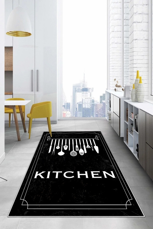 Baskılı Çatal Bıçak Desenli Kitchen Yazılı Yıkanabilir Kaymaz Taban Salon Mutfak Halısı