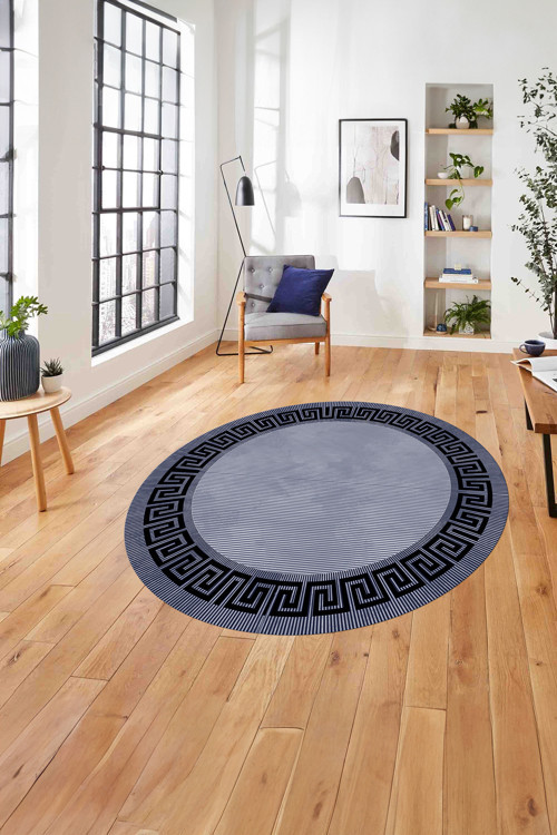 Çerçeveli Çizgi Detaylı Modern Yıkanabilir Kaymaz Taban Yuvarlak Salon Halısı