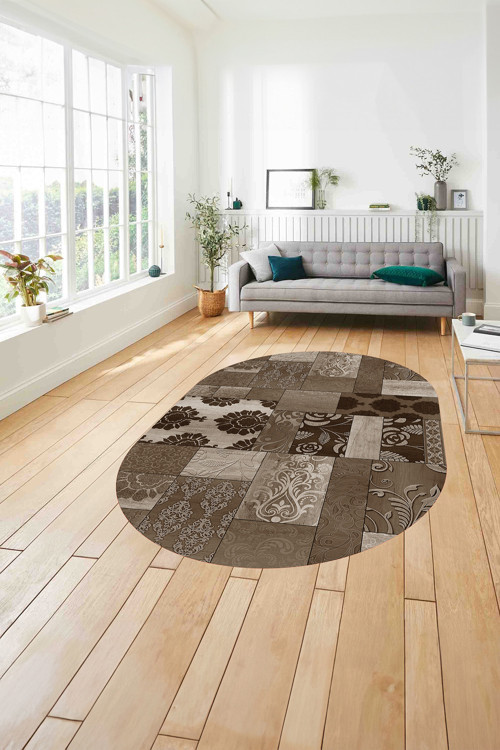 Baskılı Patchwork Çiçek Motifli Yıkanabilir Kaymaz Oval Yolluk Mutfak Salon Halısı