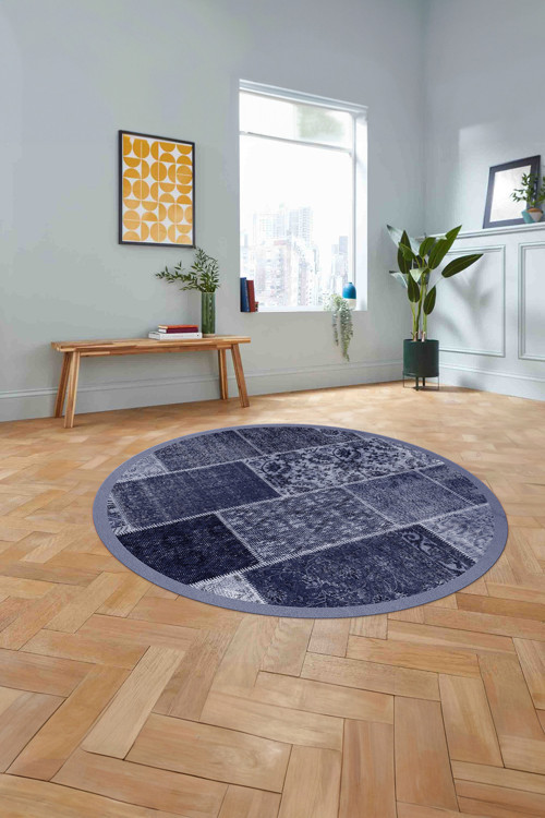 Baskılı Patchwork Otantik Yıkanabilir Kaymaz Taban Yuvarlak Mutfak Salon Halısı