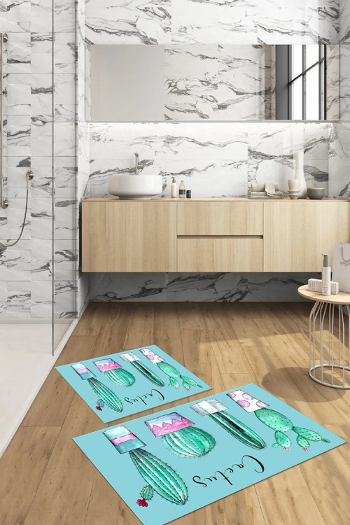 Dijital Baskılı Yıkanabilir Kaymaz Taban Kaktüs Model Banyo Paspası Klozet Takımı