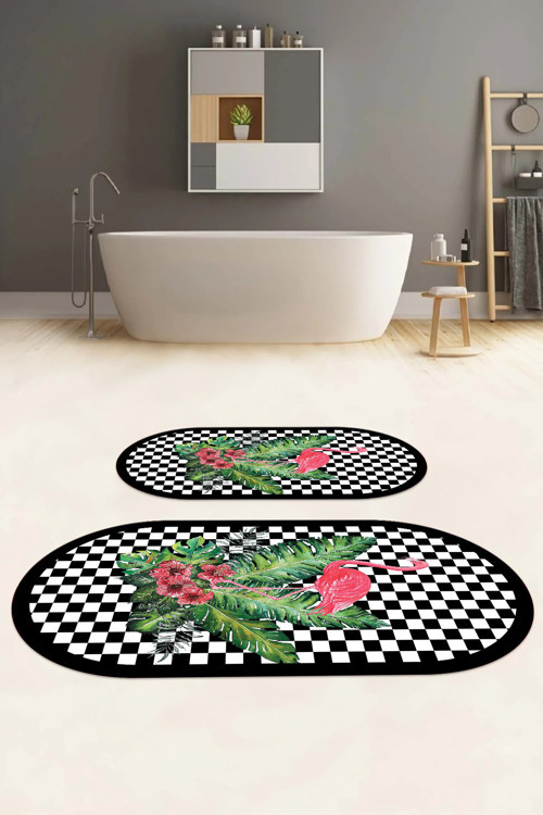 Dijital Yıkanabilir Kaymaz Taban Flamingo Desenli Oval Banyo Paspası Klozet Takımı