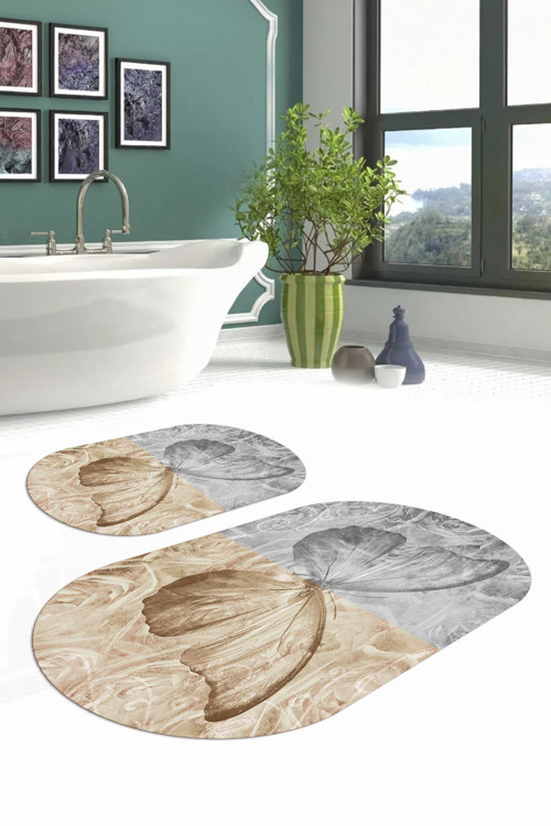 Dijital Yıkanabilir Renkli Kelebek Model Oval Banyo Paspası Klozet Takımı