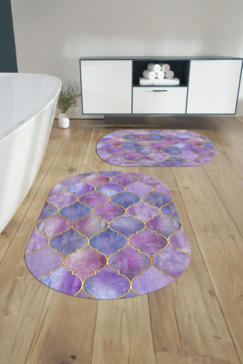 Dijital Yıkanabilir Kaymaz Taban Kupa Desenli Oval Banyo Paspası Klozet Takımı