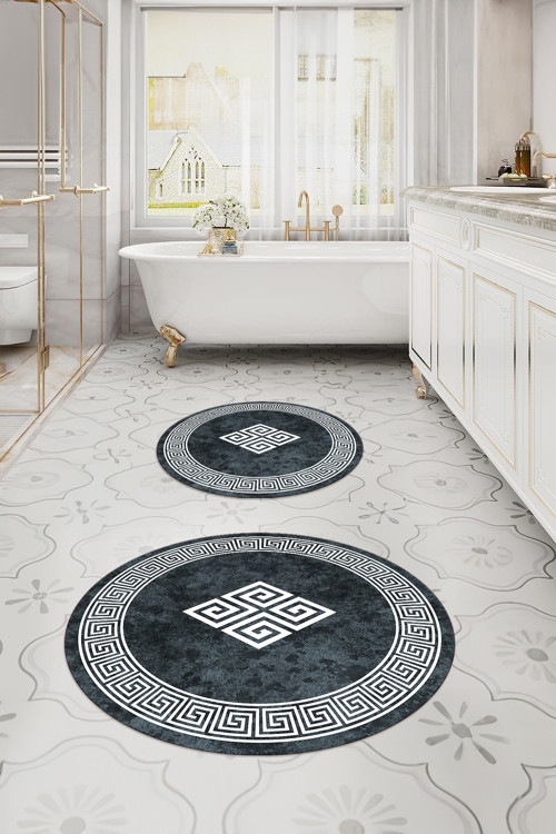 Dijital Yıkanabilir Çerçeveli Klasik Model Yuvarlak Banyo Paspası Klozet Takımı