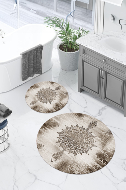 Dijital Yıkanabilir Sade Vektörel Desenli Yuvarlak Banyo Paspası Klozet Takımı