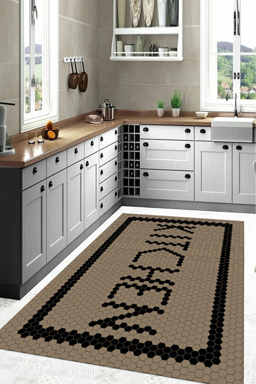 Baskılı Modern Kitchen Yazı Desenli Yıkanabilir Kaymaz Taban Yolluk Salon Mutfak Halısı