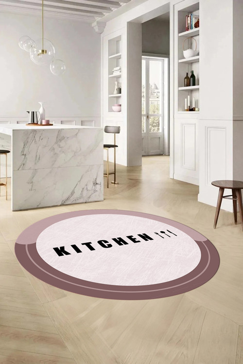 Baskılı Sade Kitchen Yazı Desenli Yıkanabilir Kaymaz Taban Yuvarlak Mutfak Halısı