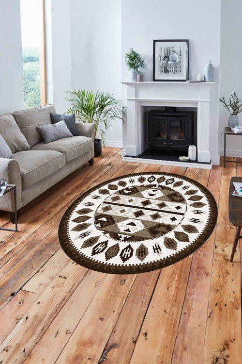 Etnik Kilim Model Dijital Baskılı Yıkanabilir Kaymaz Taban Yuvarlak Mutfak Salon Halısı
