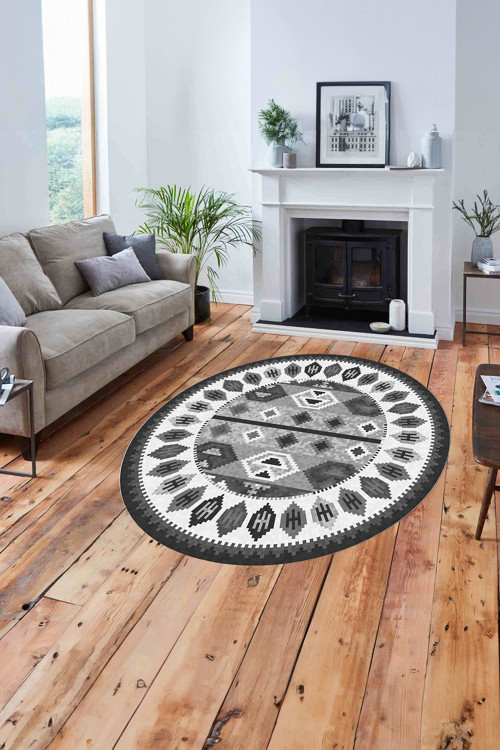 Etnik Kilim Model Dijital Baskılı Yıkanabilir Kaymaz Taban Yuvarlak Mutfak Salon Halısı
