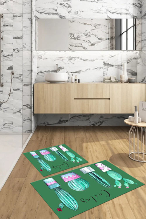 Dijital Baskılı Yıkanabilir Kaymaz Taban Kaktüs Model Banyo Paspası Klozet Takımı