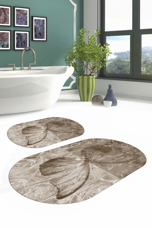 Dijital Yıkanabilir Renkli Kelebek Model Oval Banyo Paspası Klozet Takımı