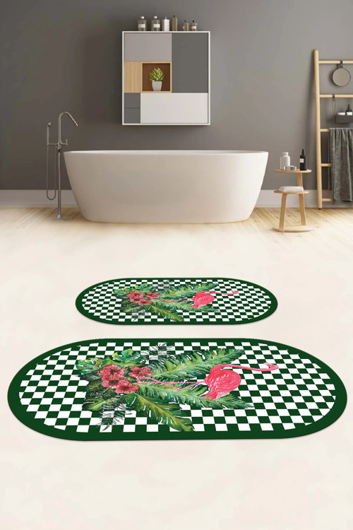 Dijital Yıkanabilir Kaymaz Taban Flamingo Desenli Oval Banyo Paspası Klozet Takımı