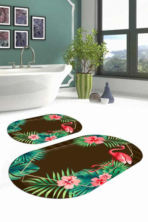 Dijital Yıkanabilir Renkli Flamingo Desenli Oval Banyo Paspası Klozet Takımı