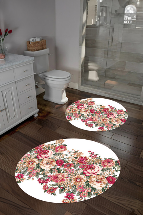 Dijital Yıkanabilir Renkli Çiçek Desenli Yuvarlak Banyo Paspası Klozet Takımı