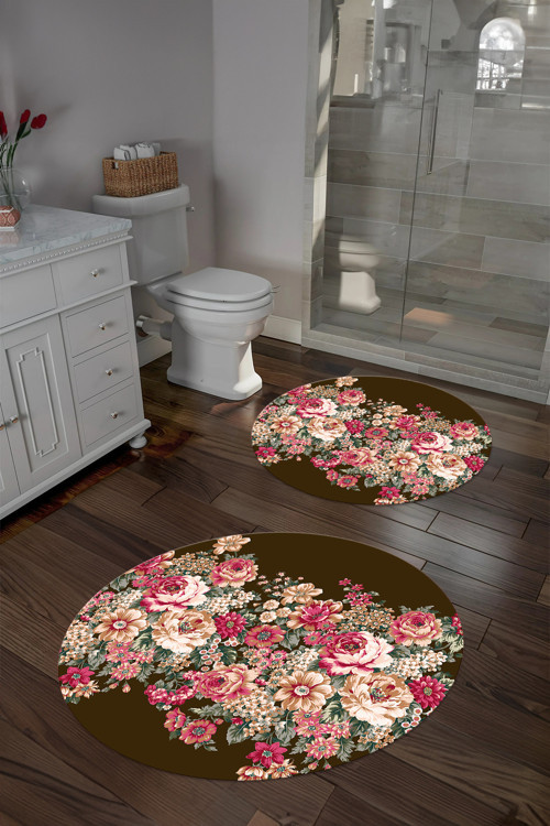 Dijital Yıkanabilir Renkli Çiçek Desenli Yuvarlak Banyo Paspası Klozet Takımı