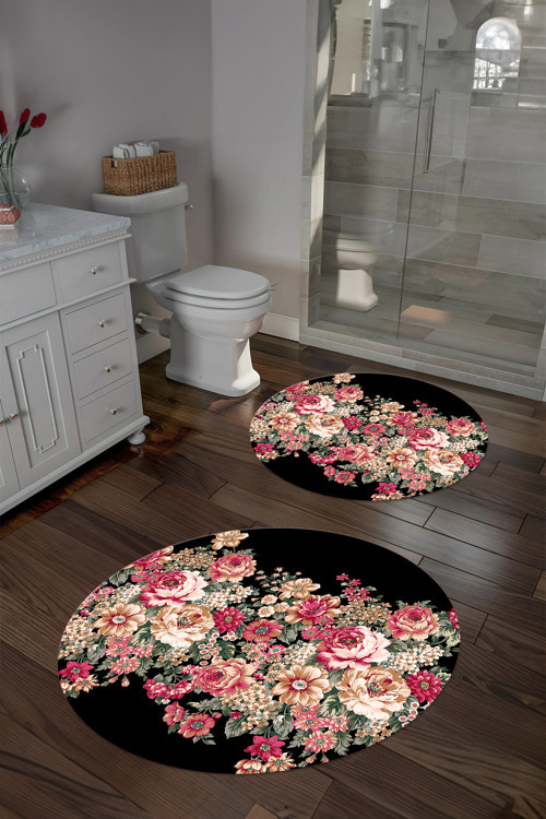 Dijital Yıkanabilir Renkli Çiçek Desenli Yuvarlak Banyo Paspası Klozet Takımı