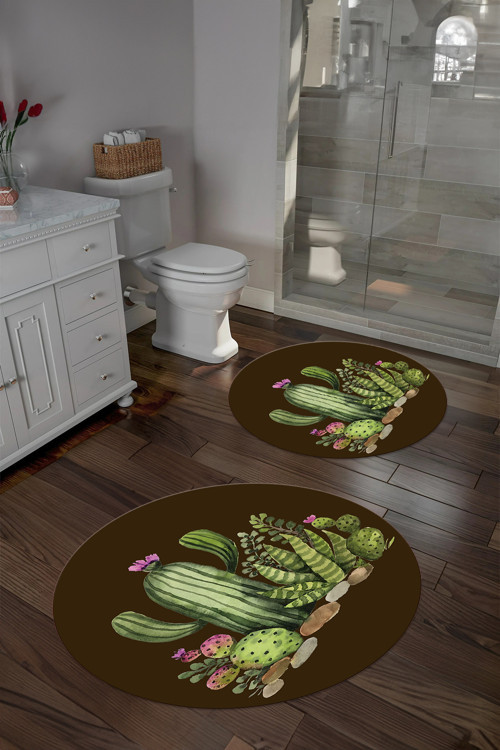 Dijital Yıkanabilir Kaymaz Taban Kaktüs Desenli Yuvarlak Banyo Paspası Klozet Takımı