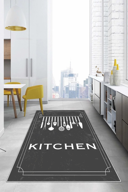 Baskılı Çatal Bıçak Desenli Kitchen Yazılı Yıkanabilir Kaymaz Taban Salon Mutfak Halısı