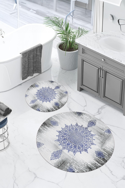 Dijital Yıkanabilir Sade Vektörel Desenli Yuvarlak Banyo Paspası Klozet Takımı