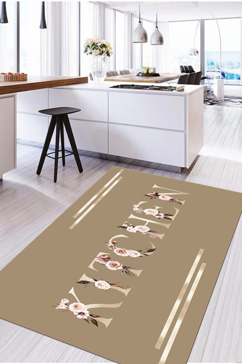Baskılı Çiçek Motifli Kitchen Yazılı Yıkanabilir Kaymaz Taban Yolluk Salon Mutfak Halısı