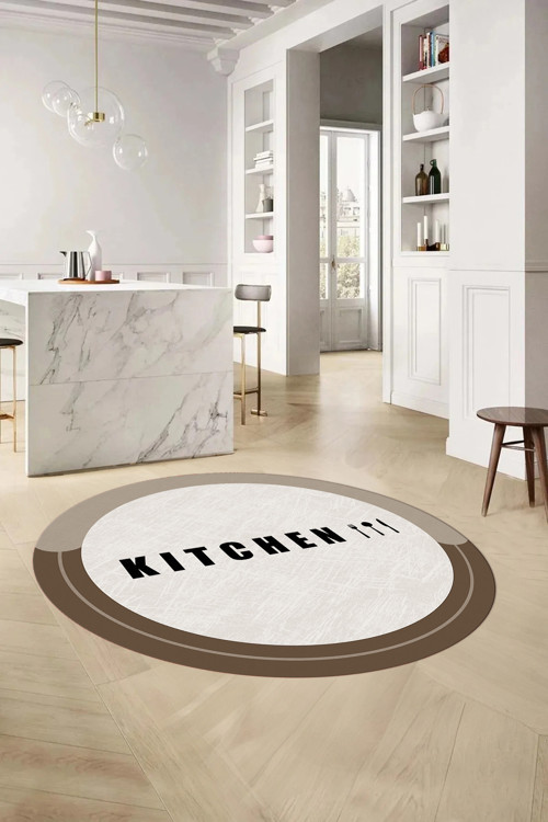 Baskılı Sade Kitchen Yazı Desenli Yıkanabilir Kaymaz Taban Yuvarlak Mutfak Halısı