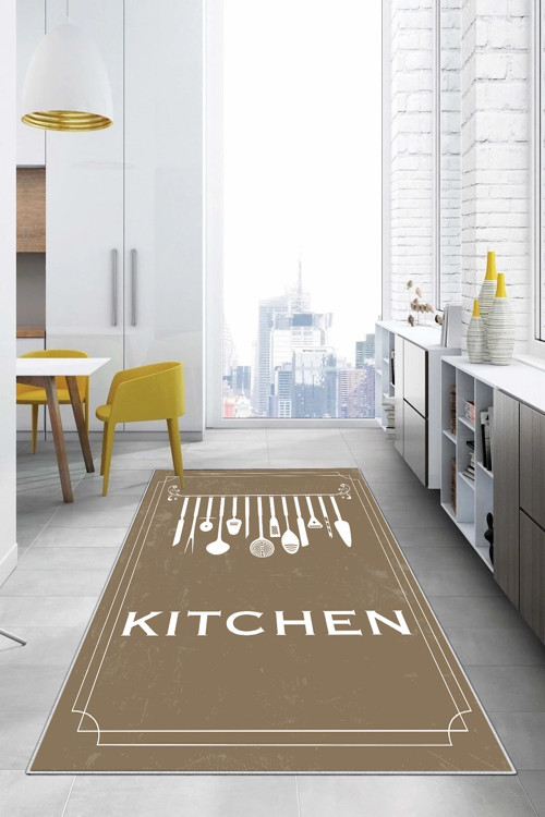 Baskılı Çatal Bıçak Desenli Kitchen Yazılı Yıkanabilir Kaymaz Taban Salon Mutfak Halısı