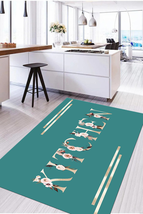 Baskılı Çiçek Motif Kitchen Yazılı Yıkanabilir Kaymaz Taban Yolluk Salon Mutfak Halısı