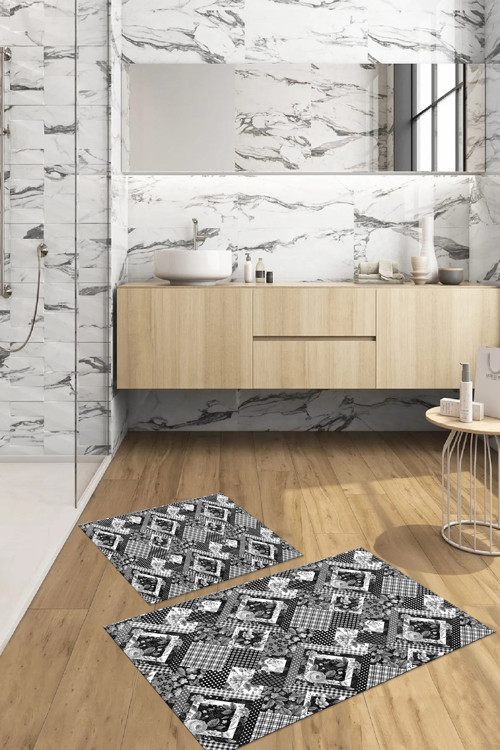 Dijital Baskılı Yıkanabilir Klasik Çiçek Desenli Banyo Paspası Klozet Takımı