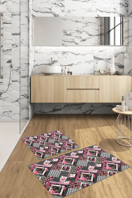 Dijital Baskılı Yıkanabilir Klasik Çiçek Desenli Banyo Paspası Klozet Takımı