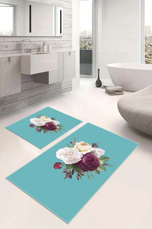 Dijital Baskılı Yıkanabilir Kaymaz Taban Çiçek Motifli Banyo Paspası Klozet Takımı