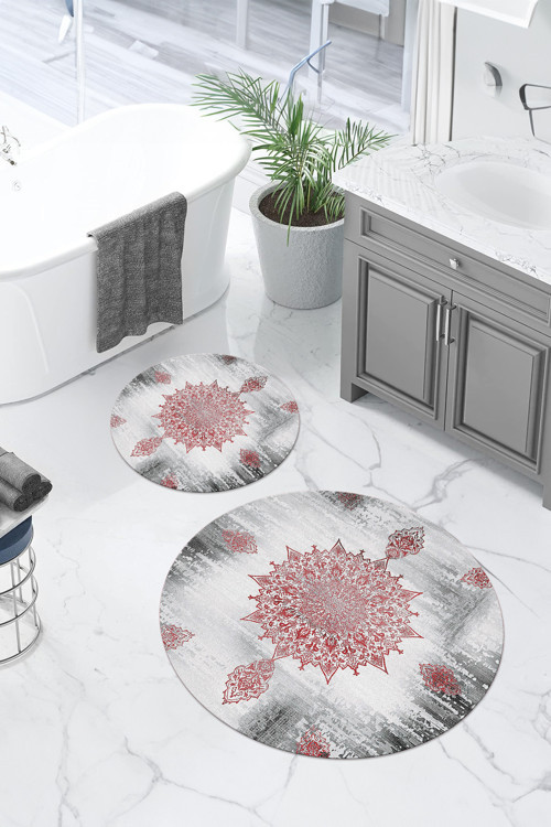 Dijital Yıkanabilir Sade Vektörel Desenli Yuvarlak Banyo Paspası Klozet Takımı