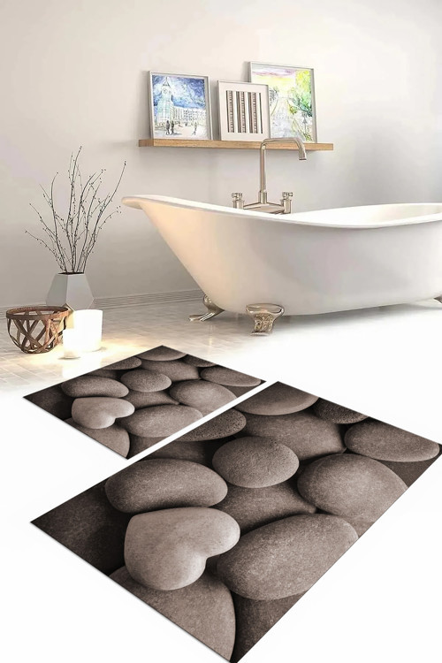 Dijital Baskılı Yıkanabilir Kaymaz Taban Taş Modelli Banyo Paspası Klozet Takımı
