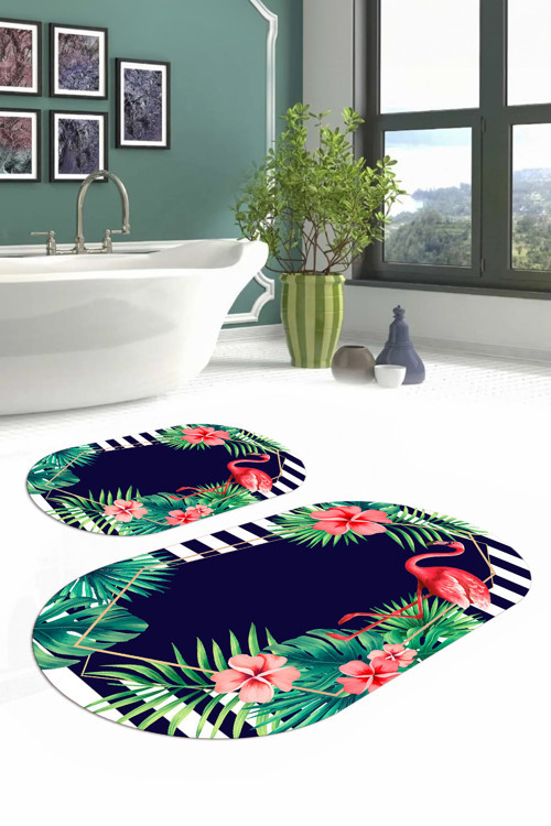 Dijital Yıkanabilir Renkli Flamingo Desenli Oval Banyo Paspası Klozet Takımı
