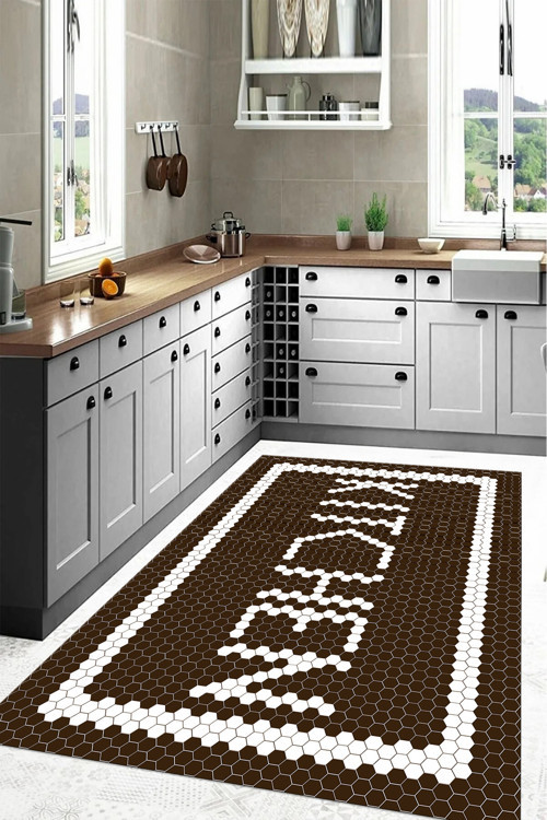 Baskılı Modern Kitchen Yazı Desenli Yıkanabilir Kaymaz Taban Yolluk Salon Mutfak Halısı
