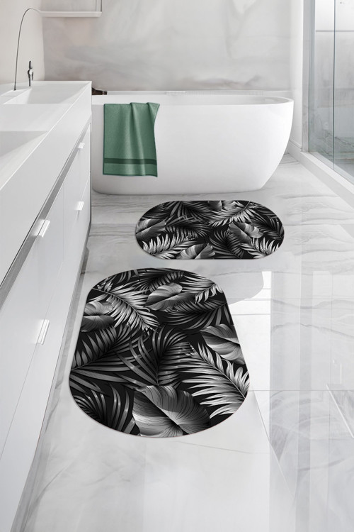 Dijital Yıkanabilir Modern Yaprak Desenli Oval Banyo Paspası Klozet Takımı