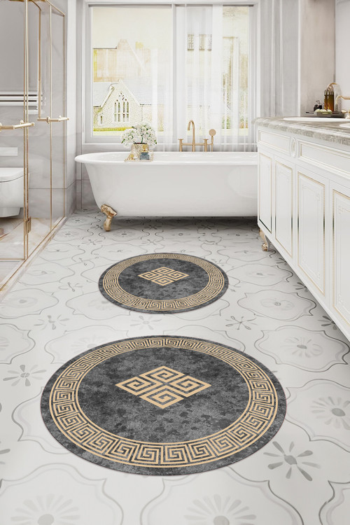 Dijital Yıkanabilir Çerçeveli Klasik Model Yuvarlak Banyo Paspası Klozet Takımı