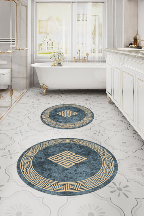 Dijital Yıkanabilir Çerçeveli Klasik Model Yuvarlak Banyo Paspası Klozet Takımı