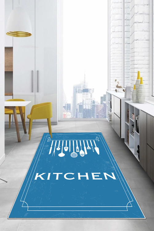 Baskılı Çatal Bıçak Desen Kitchen Yazılı Yıkanabilir Kaymaz Taban Salon Mutfak Halısı