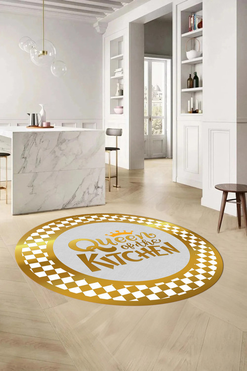 Baskılı Çerçeve Model Kitchen Yazılı Yıkanabilir Kaymaz Taban Yuvarlak Mutfak Halısı