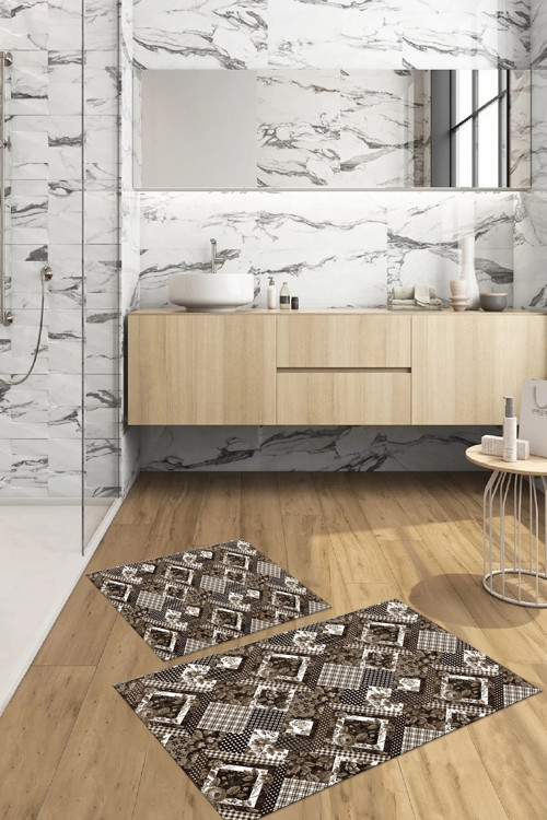 Dijital Baskılı Yıkanabilir Klasik Çiçek Desenli Banyo Paspası Klozet Takımı