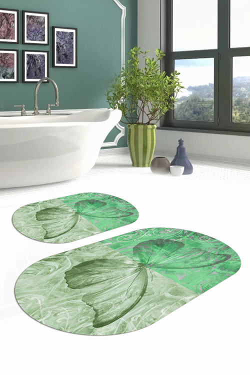 Dijital Yıkanabilir Renkli Kelebek Model Oval Banyo Paspası Klozet Takımı