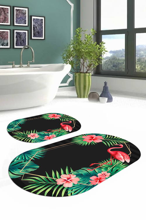Dijital Yıkanabilir Renkli Flamingo Desenli Oval Banyo Paspası Klozet Takımı