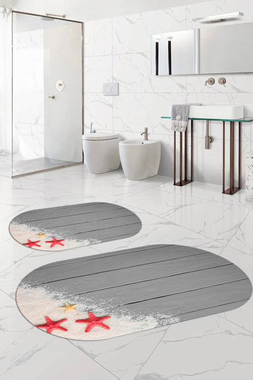 Dijital Yıkanabilir Modern Deniz Yıldızı Oval Banyo Paspası Klozet Takımı