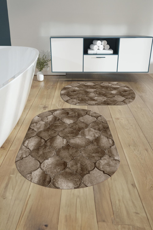 Dijital Yıkanabilir Kaymaz Taban Kupa Desenli Oval Banyo Paspası Klozet Takımı