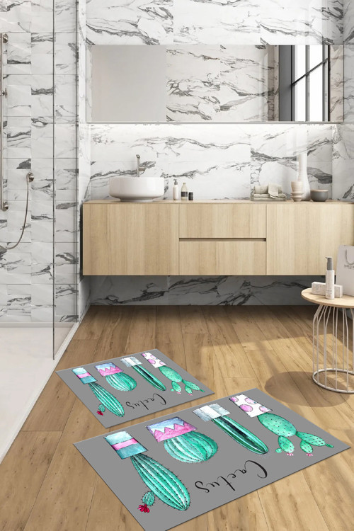 Dijital Baskılı Yıkanabilir Kaymaz Taban Kaktüs Model Banyo Paspası Klozet Takımı