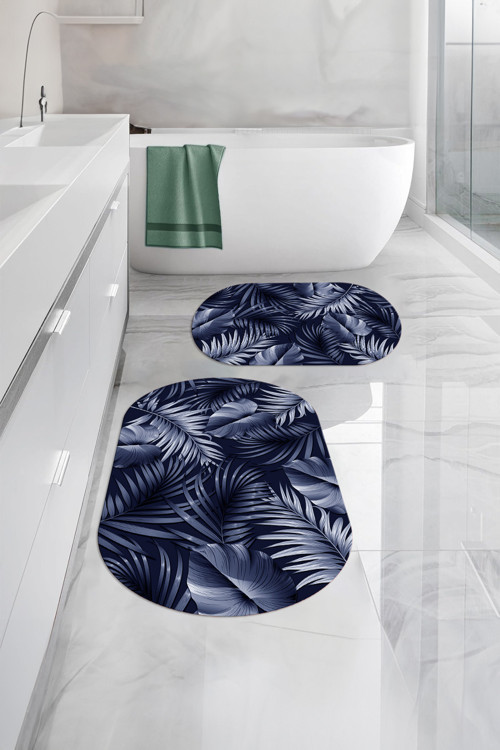 Dijital Yıkanabilir Modern Yaprak Desenli Oval Banyo Paspası Klozet Takımı
